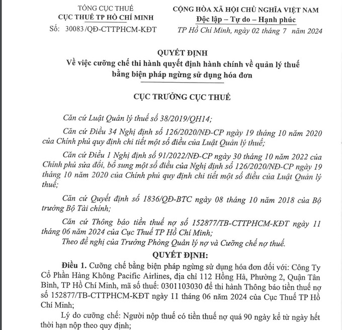 Quyết định cưỡng chế bằng biện pháp ngừng sử dụng hóa đơn đối với Công ty Cổ phần Hàng không Pacific Airlines.