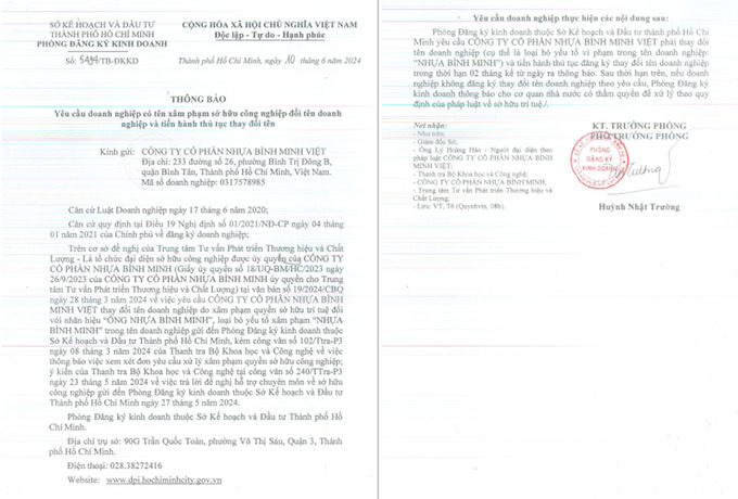 Văn bản của Phòng Đăng ký kinh doanh Sở Kế hoạch Đầu tư Tp. HCM yêu cầu Công ty Cổ phần Nhựa Bình Minh Việt phải đổi tên doanh nghiệp do có tên xâm phạm sở hữu công nghiệp.
