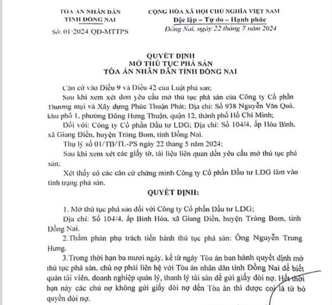 Quyết định của Tòa án Nhân dân tỉnh Đồng Nai về việc mở thủ tục phá sản đối với Công ty Cổ phần Đầu tư LDG.