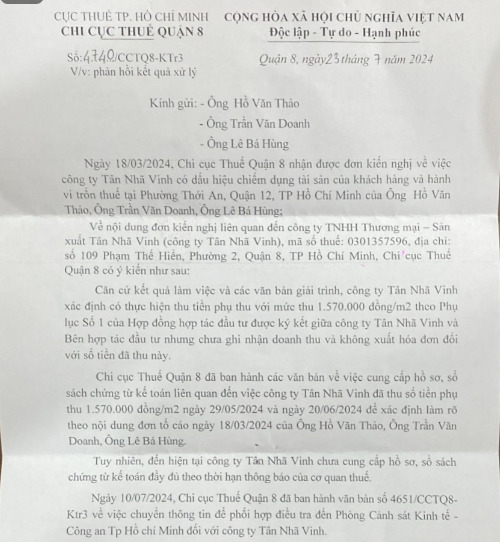 Văn bản phản hồi kết quả xử lý của Chi cục Thuế Quận 8, Tp.HCM.