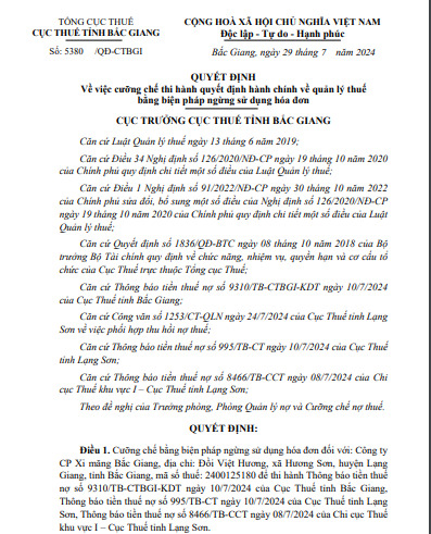 Công ty Cổ phần Xi măng Bắc Giang bị cưỡng chế ngừng sử dụng hóa đơn do nợ thuế hơn 21,6 tỷ đồng.