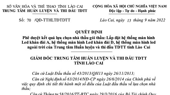 Quyết định phê duyệt kết quả lựa chọn nhà thầu gói thầu: Lắp đặt hệ thống màn hình Led khán đài A, hệ thống màn hình Led khán đài D, hệ thống màn hình led ngoài trời của Trung tâm Huấn luyện và thi đấu TDTT tỉnh Lào Cai.