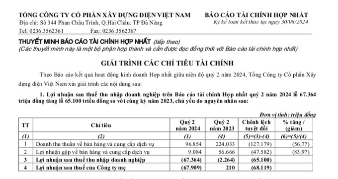 Công ty Xây dựng Điện Việt Nam giải trình các chỉ tiêu tài chính.