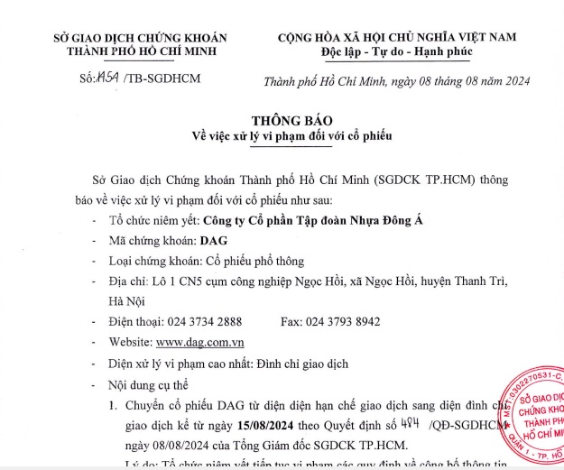 Cổ phiếu DAG vào diện xử lý vi phạm cao nhất là đình chỉ giao dịch vào ngày 15/8/2024.