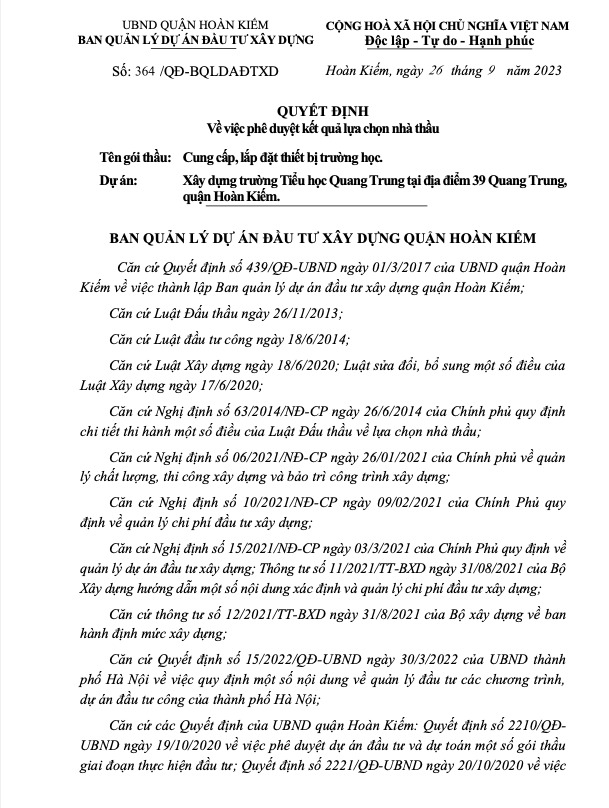 Quyết định phê duyệt Gói thầu: Cung cấp, lắp đặt thiết bị trường học Dự án: Xây dựng Trường tiểu học Quang Trung tại địa điểm 39 Quang Trung, quận Hoàn Kiếm.