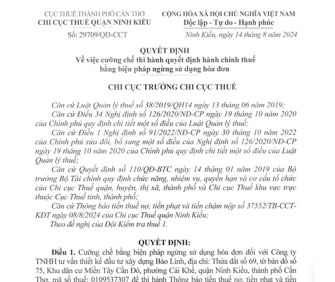 Quyết định cưỡng chế thuế bằng biện pháp ngừng sử dụng hóa đơn đối với Công ty TNHH tư vấn thiết kế đầu tư xây dựng Bảo Linh.