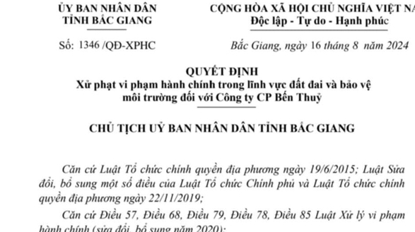 Công ty Bến Thủy bị phạt 260 triệu đồng vì hủy hoại đất.