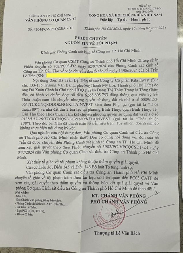 Đơn của bà Trân đã được gửi đến Phòng Cảnh sát kinh tế để điều tra tiếp (Ảnh: Tạp chí doanh nghiệp và thương hiệu nông thôn)