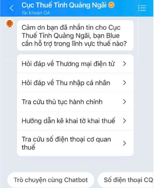 Giao diện trò chuyện với trợ lý ảo Chatbot (Nguồn: Cục Thuế Quảng Ngãi)