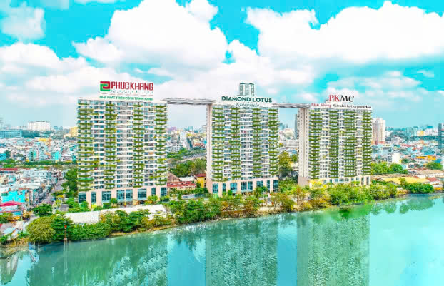 Toàn cảnh không gian sống xanh, thoáng đãng và gần gũi thiên nhiên tại chung cư cao tầng Diamond Lotus Riverside.