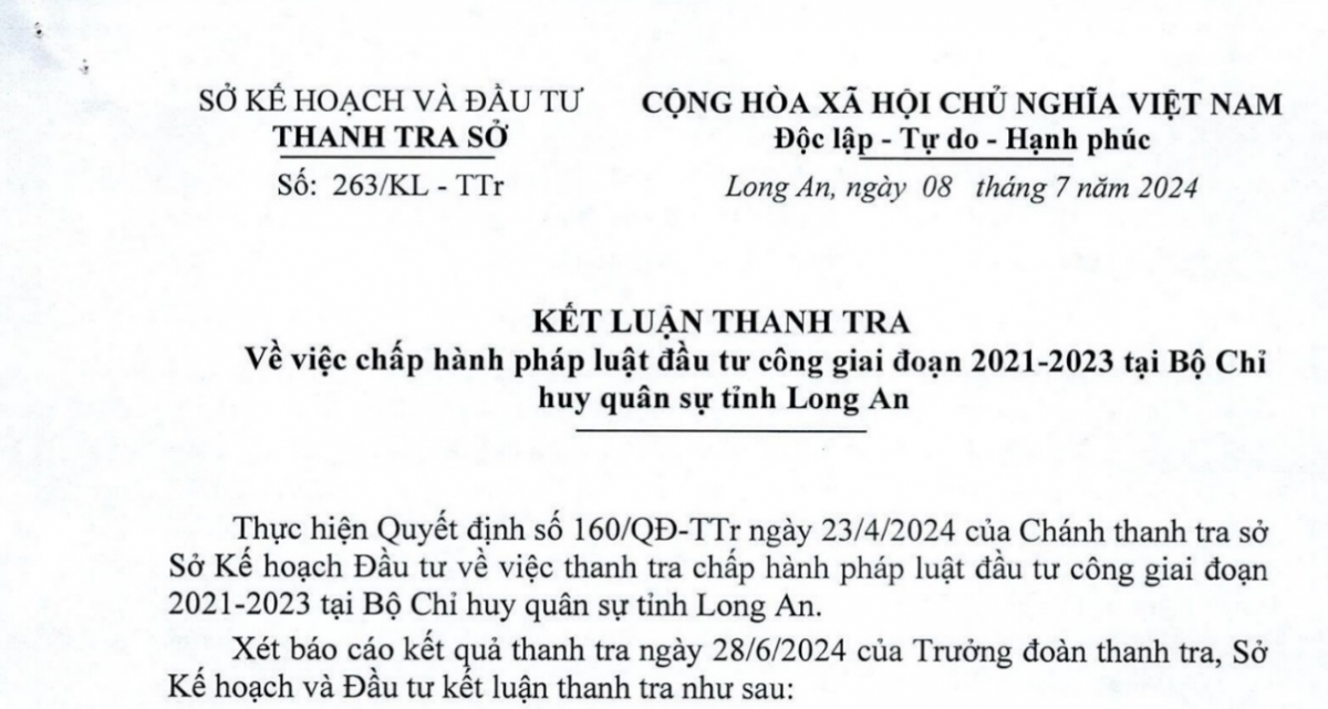 Báo cáo kết luận thanh tra của Sở Kế hoạch và Đầu tư tỉnh Long An.