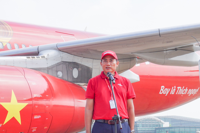 Phó Tổng giám đốc Vietjet Tô Việt Thắng phát biểu nhân chuyến bay đầu tiên sử dụng nhiên liệu SAF.