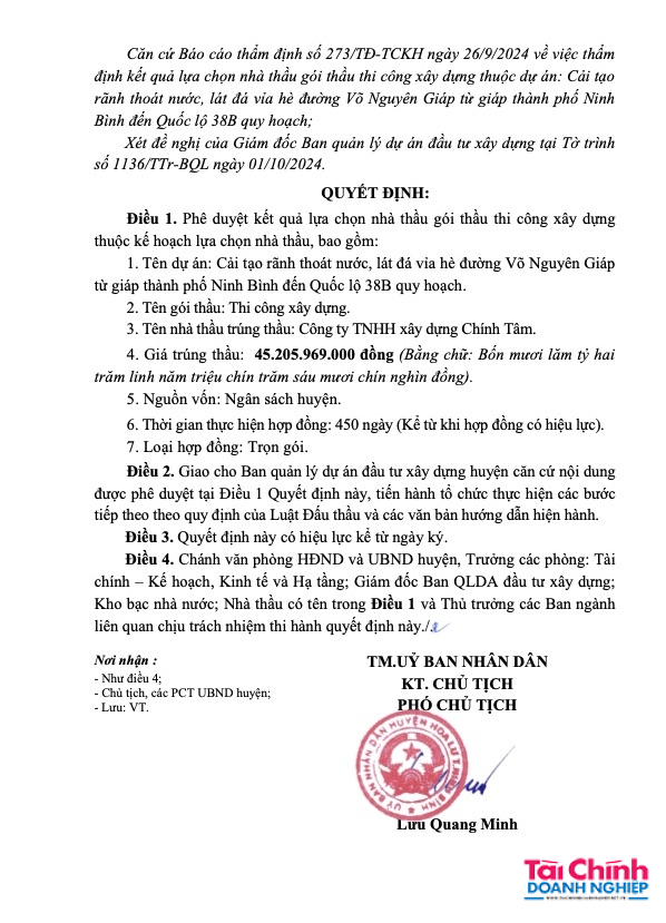 Tại BQLDA huyện Hoa Lư, Công ty Chính Tâm đã tham gia 26 gói thầu, trúng 26 gói.