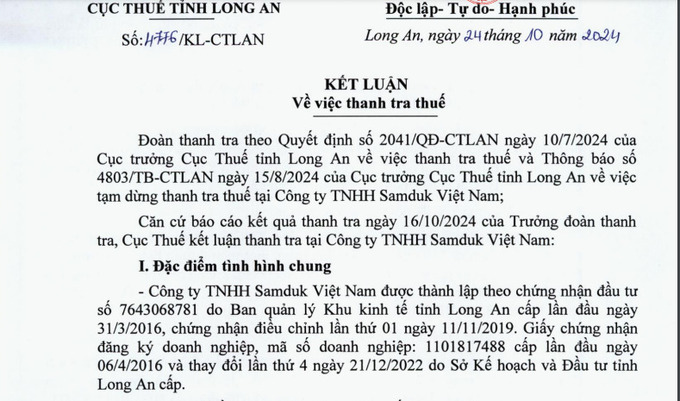 Kết luận về việc thanh tra thuế tại Công ty TNHH Samduk Việt Nam.