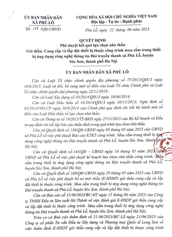 Quyết định phê duyệt gói thầu: Cung cấp và lắp đặt thiết bị công trình thuộc dự án: Mua sắm trang thiết bị ứng dụng công nghệ thông tin Đài truyền thanh xã Phù Lỗ, huyện Sóc Sơn, thành phố Hà Nội.