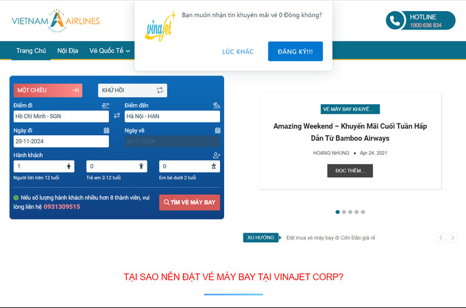 Các website có tên địa chỉ, giao diện, màu sắc, logo được thiết kế tương tự website chính hãng của Vietnam Airlines.