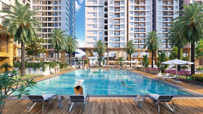 Hồ bơi Aqua Melody lớn nhất khu vực quy mô gần 1.000m2 giúp cư dân thoải mái tận hưởng từng phút giây thư giãn.