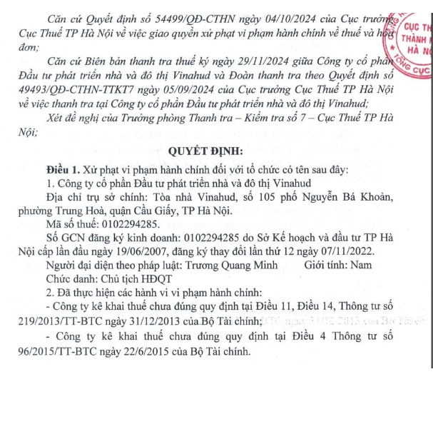 Vinahud bị phạt và truy thu thuế hơn 1,5 tỷ đồng.