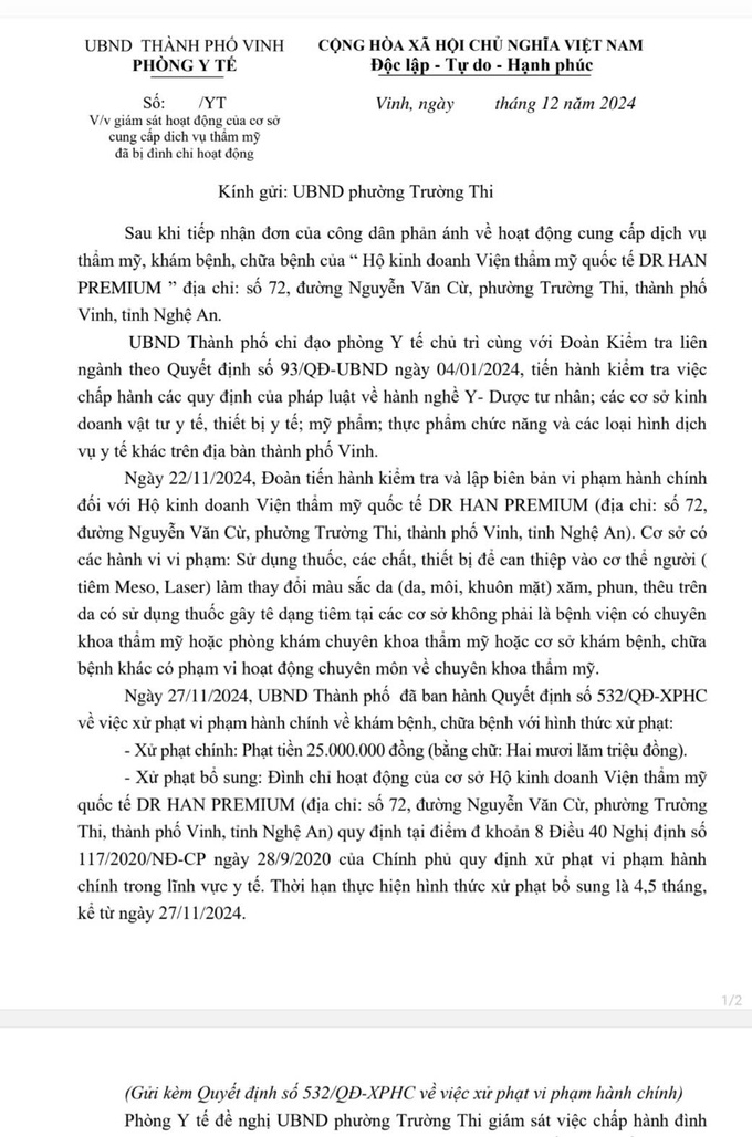 Văn bản yêu cầu UBND phường Trường Thi giám sát hoạt động của cơ sở cung cấp dịch vụ thẩm mỹ đã bị đình chỉ hoạt động.