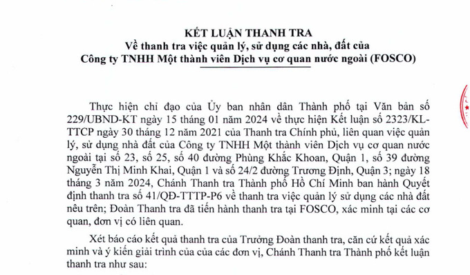 Theo kết luận thanh tra chỉ ra rằng, hợp tác thực hiện dự án khách sạn Quảng trường Quốc tế giữa Fosco với Công ty Cổ phần Bất động sản Sơn Kim (SonKim Land) và Công ty TNHH Đầu tư Sato (Sato) chưa đúng trình tự, thủ tục và thẩm quyền.