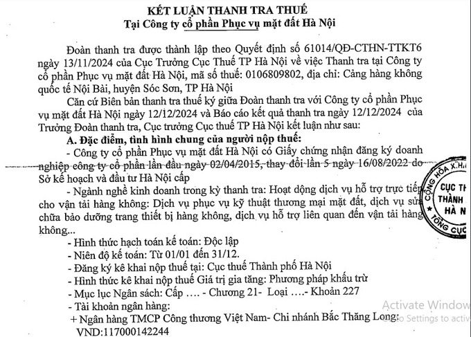 kết luận thanh tra Công ty Phục vụ Mặt đất Hà Nội.