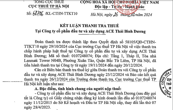 Kết luận thanh tra thuế về Công ty Cổ phần Đầu tư và Xây dựng ACE Thái Bình Dương.