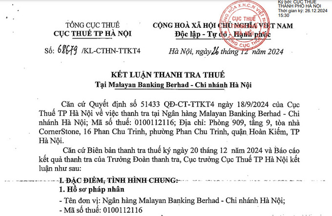 Kết luận thanh tra thuế về Ngân hàng Malayan Banking Berhad.