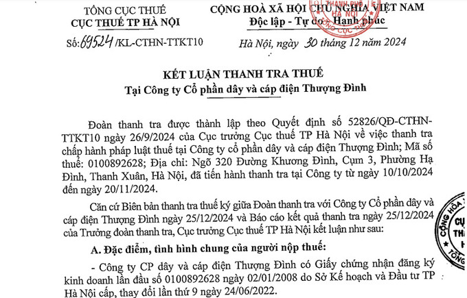 kết luận thanh tra thuế tại Công ty Cổ phần Dây và Cáp điện Thượng Đình.