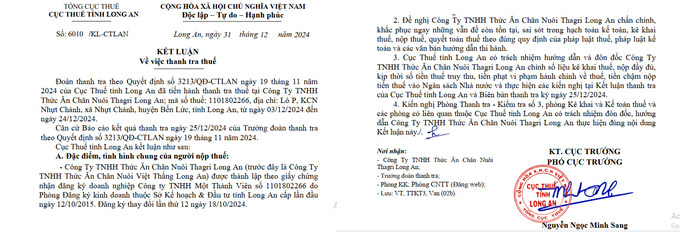 Kết luận thanh tra thuế tại Công Ty TNHH Thức Ăn Chăn Nuôi Thagri Long An.