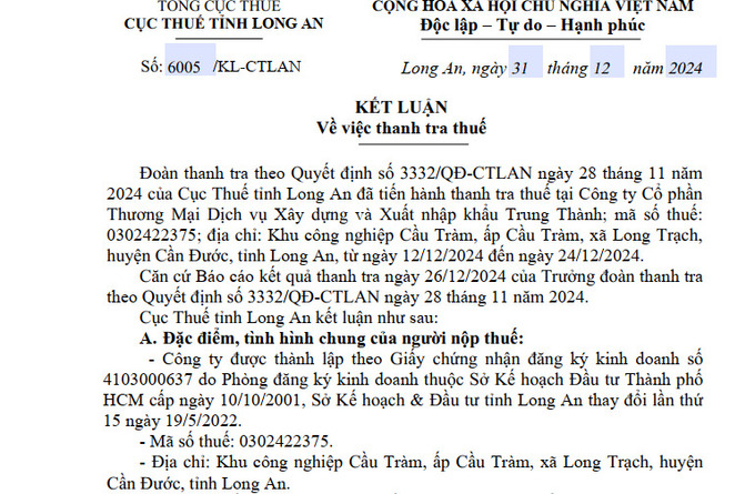 Kết luận thanh tra thuế tại Công ty Cổ phần Thương Mại Dịch vụ Xây dựng và Xuất nhập khẩu Trung Thành.