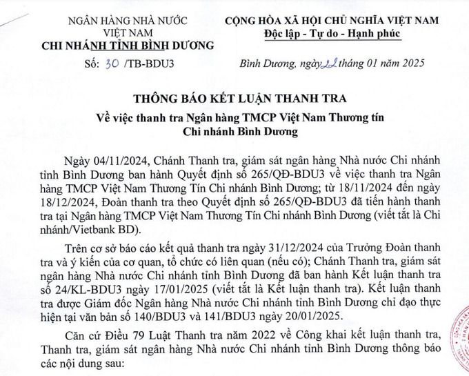 Kết luận thanh tra tại Ngân hàng TMCP Việt Nam Thương Tín chi nhánh tỉnh Bình Dương.