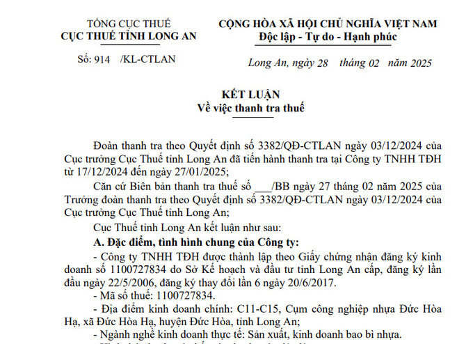 Kết luận thanh tra thuế tại Công ty TNHH TĐH.