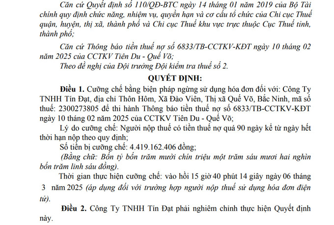 Công ty TNHH Tín Đạt bị cưỡng chế ngừng sử dụng hóa đơn.