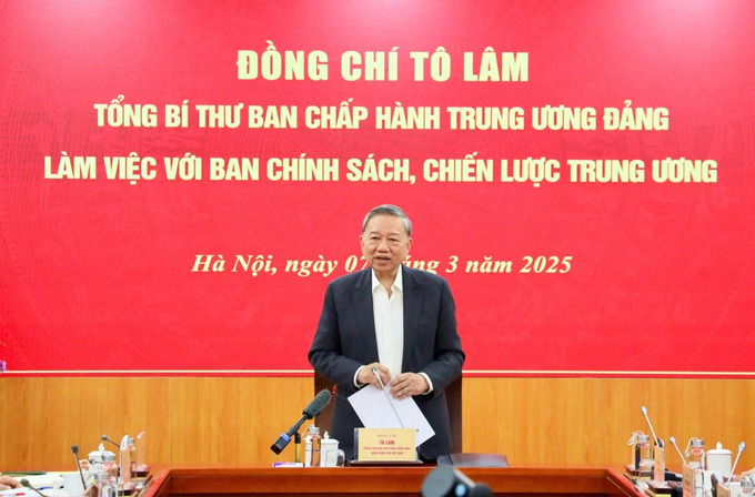 Tổng bí thư Tô Lâm làm việc với Ban Chính sách, chiến lược Trung ương.