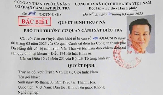 Cơ quan CSĐT Công an Tp. Đà Nẵng phát lệnh truy nã đối với Trịnh Văn Thái