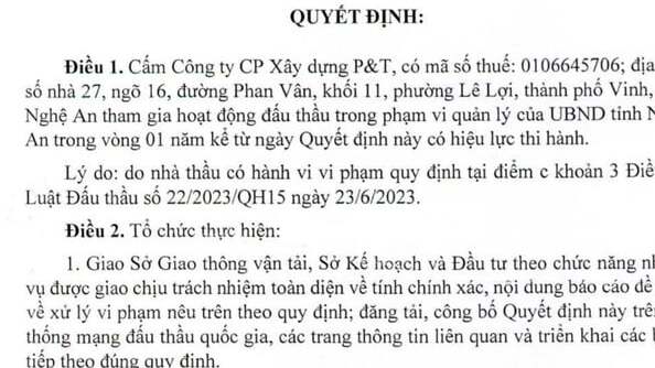 Quyết định cấm tham gia hoạt động đấu thầu trong thời gian 1 năm đối với Công ty Cổ phần Xây dựng P&T tại Nghệ An.