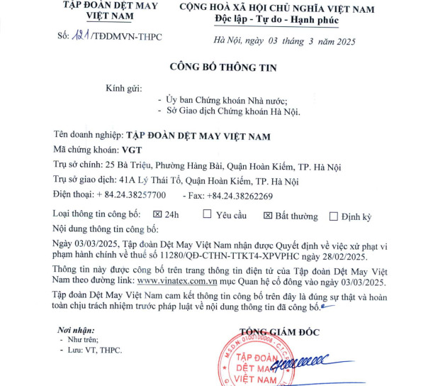 Vinatex công bố thông tin về việc bị Cục thuế TP Hà Nội xử phạt.