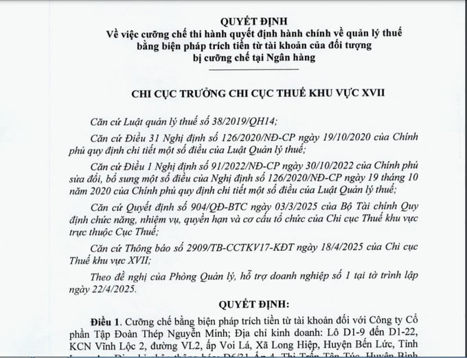 Quyết định cưỡng chế thuế đối với Công ty Cổ phần Tập đoàn Thép Nguyễn Minh.