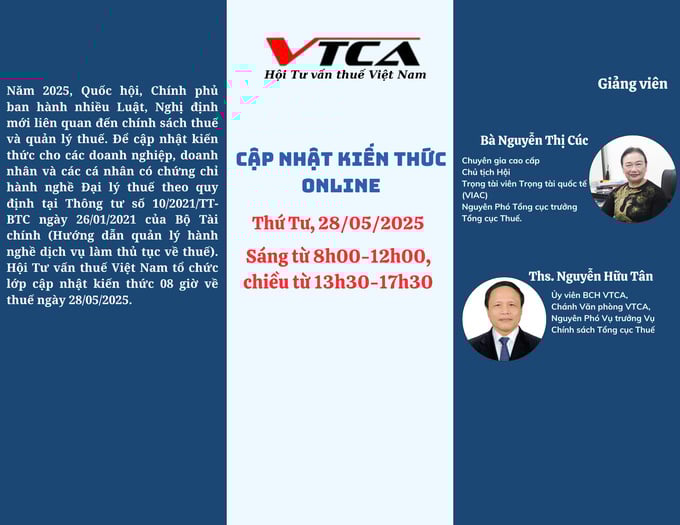 VTCA sẽ mở lớp cập nhật kiến thức thuế online tháng 5.