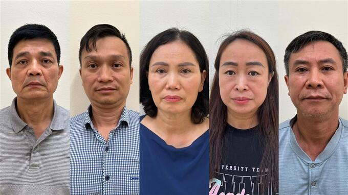Các đối tượng Nguyễn Thanh Phong; Đinh Quang Minh; Nguyễn Thị Minh Hải; Lê Thị Hiên; Cao Văn Trung (theo thứ tự từ trái qua). (Ảnh: Bộ Công an)