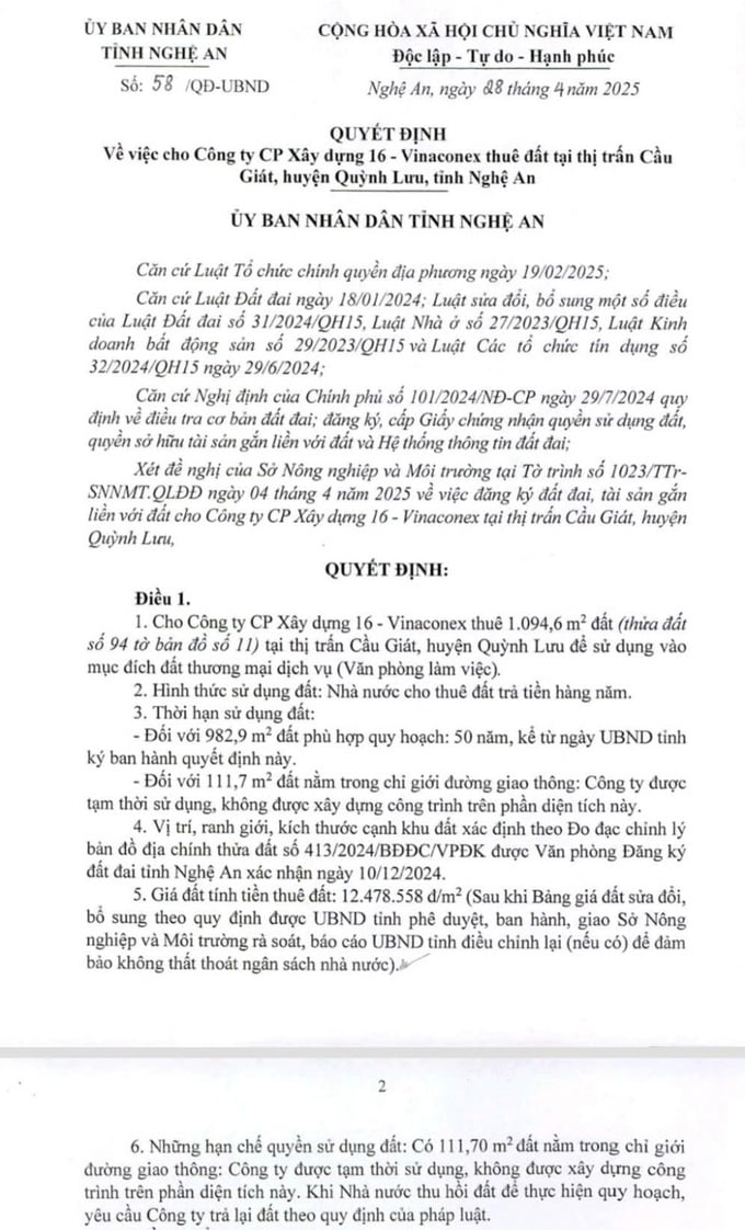 Quyết định cho Công ty Cổ phần Xây dựng 16-Vinaconex thuê đất tại thị trấn Cầu Giát, huyện Quỳnh Lưu.