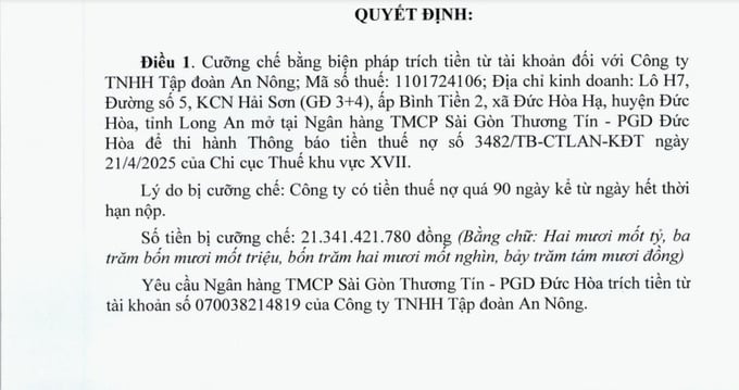 Công ty TNHH Tập đoàn An Nông vừa bị Chi Cục thuế Khu vực XVII áp dụng biện pháp cưỡng chế thuế do nợ thuế quá 90 ngày, với tổng số tiền hơn 21,34 tỷ đồng.