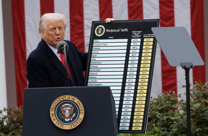 Tổng thống Mỹ Donald Trump công bố thuế quan có đi có lại vào ngày 2/4 tại Nhà Trắng. Ảnh: Reuters.