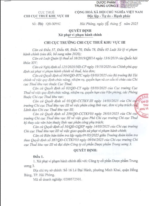 Quyết định xử phạt vi phạm hành chính về thuế đối với Công ty Cổ phần Dược phẩm Trung ương 3.