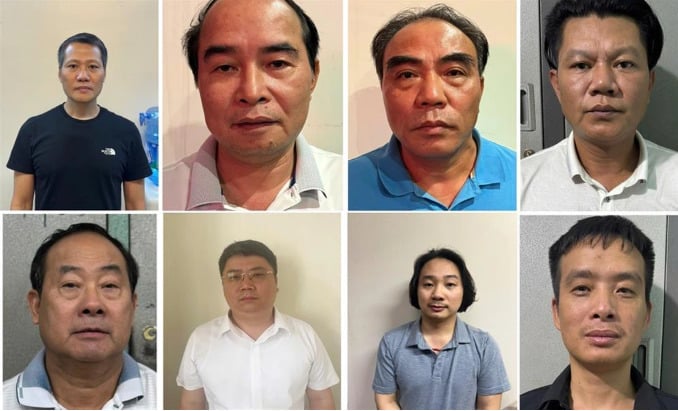 Các đối tượng từ trái qua phải, trên xuống dưới: Bùi Thanh Bình, Nguyễn Văn Bình, Ngô Tiến Cương, Nguyễn Duy Nghiệp, Nguyễn Xuân Tốt, Nguyễn Văn Đức, Lê Xuân Định, Nguyễn Trường Giang (Ảnh: Bộ Công an).