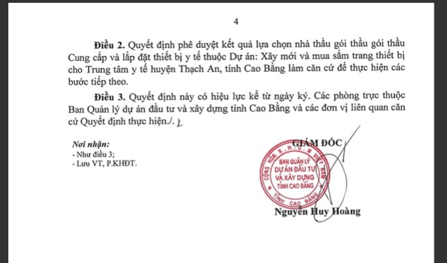 Quyết định phê duyệt kết quả lựa chọn nhà thầu gói thầu: Cung cấp và lắp đặt thiết bị y tế thuộc dự án: Xây mới và mua sắm trang thiết bị cho Trung tâm y tế huyện Thạch An, tỉnh Cao Bằng.