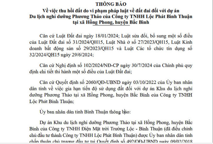 UBND tỉnh Bình Thuận đã ban hành Quyết định số 191/TB-UBND về việc thu hồi đất đối với dự án Khu du lịch nghỉ dưỡng Phương Thảo của Công ty TNHH Lộc Phát Bình Thuận tại xã Hồng Phong, huyện Bắc Bình do vi phạm pháp luật về đất đai.