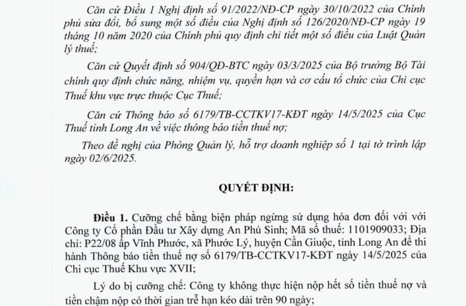 Chủ đầu tư dự án An Phú Sinh bị cưỡng chế ngừng sử dụng hoá đơn do nợ thuế 130 tỷ đồng.