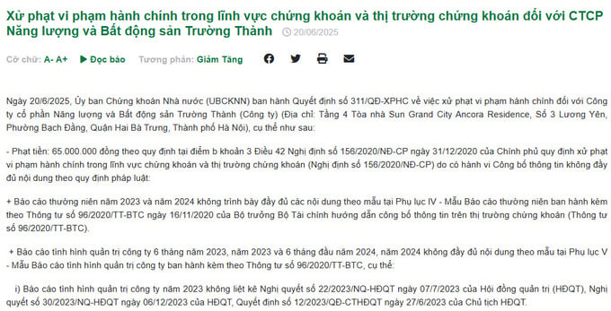 Công ty Trường Thành bị phạt 240 triệu đồng vì vi phạm công bố thông tin.