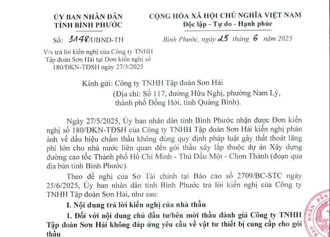 UBND tỉnh Bình Phước phản hồi những kiến nghị của Tập đoàn Sơn Hải đối với việc chấm thầu gói xây lắp thuộc dự án xây dựng đường cao tốc Tp.HCM - Thủ Dầu Một - Chơn Thành (đoạn qua tỉnh Bình Phước).